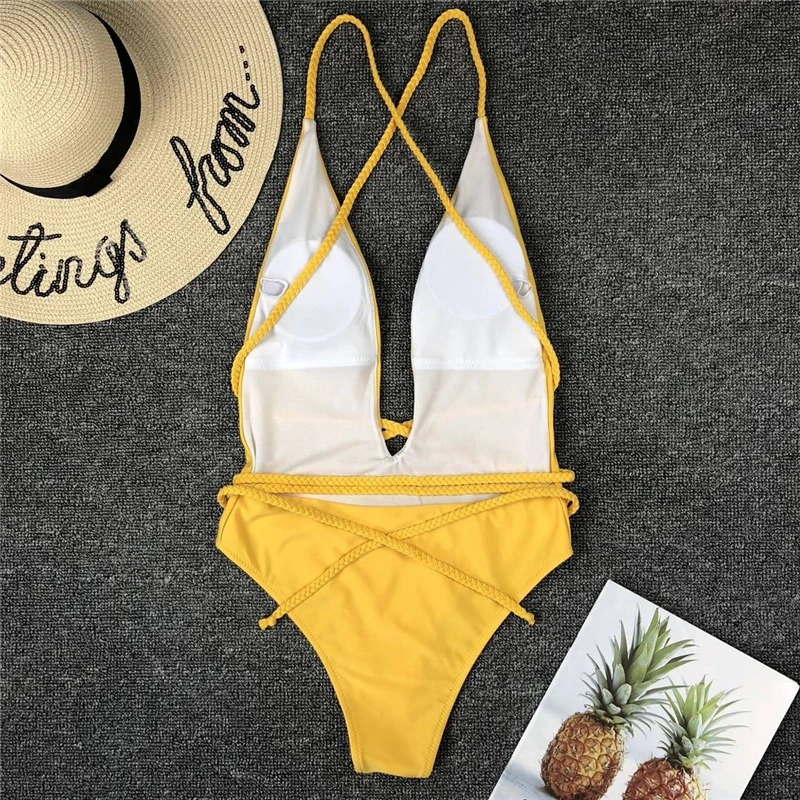 Hot Halter Neon Bikini Deep V Neck Bathing Suit Women Monokini Sexy Swimsuit One Piece Bodysuits 2053