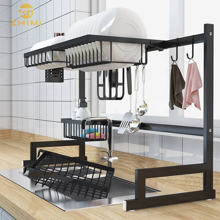 High Quality Black Color Kitchen 2 Tier 201 Stainless Steel Over Sink Dish Drying Rack