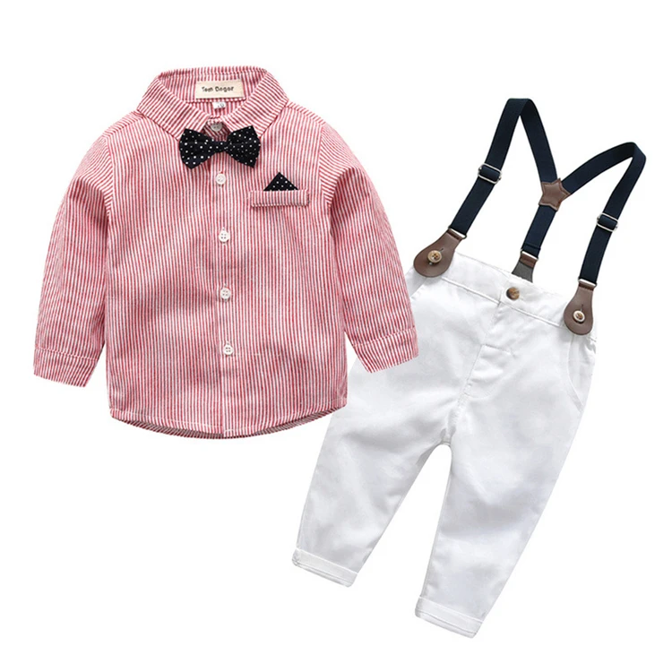 

Keran style kids boutique clothing long-sleeved shirts with bowknot overalls 2 pieces boys clothes sets, As picture show