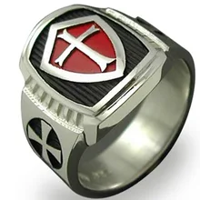 Size 7-15 Stainless Steel Red Armor Shield Knight Templar Crusade Cross Ring
