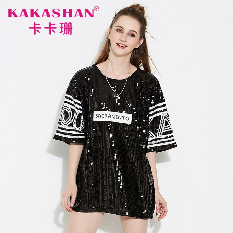 

Women sequin polyester round neck t-shirt dress, Black silver