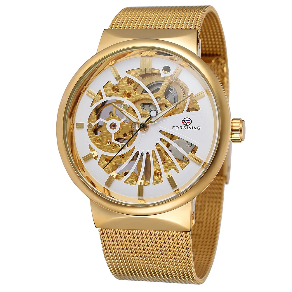 

Forsining 162 Men's Hand-wind Mechanical Watches New Golden Band Steel Casual Wristwatches