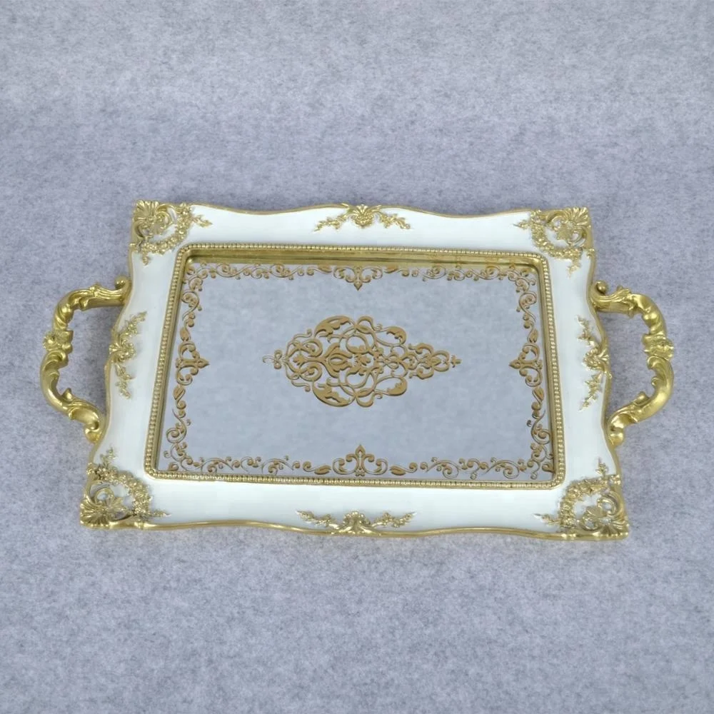 

new design vintage resin decorative mirror tray, White and gold