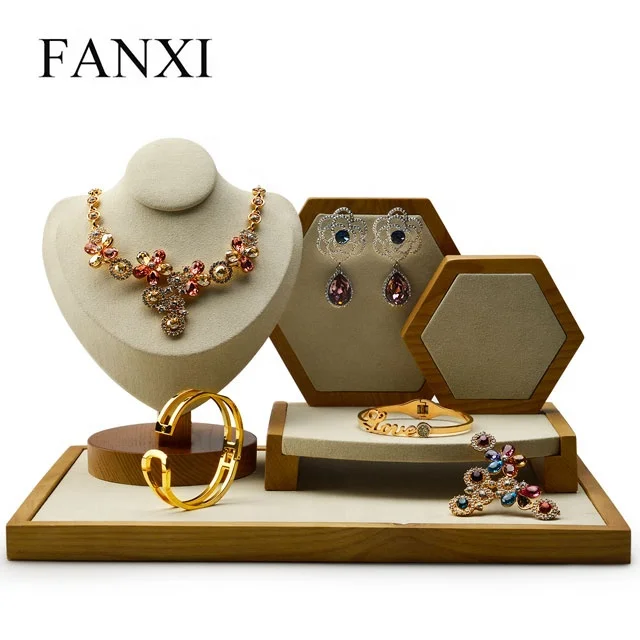 

FANXI Luxury solid wood Jewellery Display Set For Counter Showcase Ring Necklace Bangle Holder Custom Logo Jewelry Display, N/a