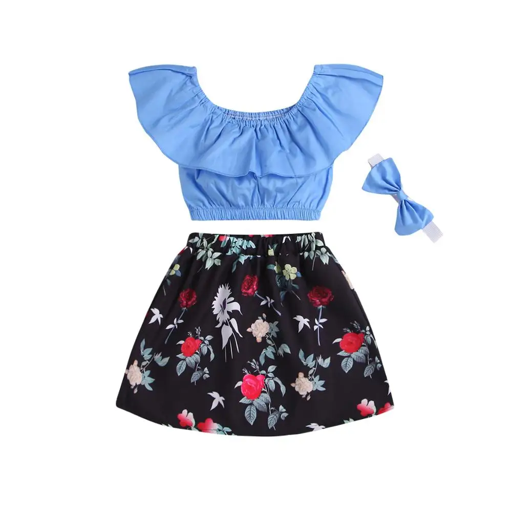 

Summer Baby Girls Kids Off Shoulder T-shirt Tops floral Skirt headband 3Pcs Outfit Baby Girl cotton Clothes Set, As picture