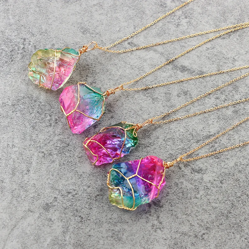

Wholesale Seven Color Natural Raw Stone Winding Crystal Pendant Transparent Multi-Color Chain Necklace, As picture