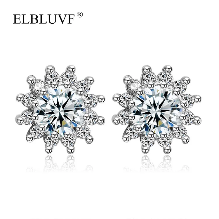 

ELBLUVF Free Shipping Copper Alloy 925 Silver Plated New Design Fine Sun Flower Shape Zircon Jewelry Cheap Flower Earrings, White gold