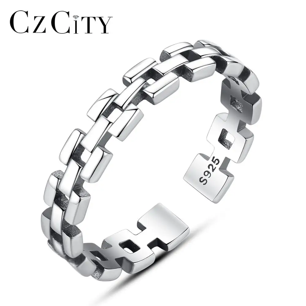 

CZCITY Men Silver Couple Ring Solid 925 Sterling Silver Cowboy Cuban Chain Link Thai Silver Lover's Rings for Man Women Gift
