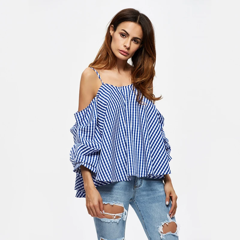 

Western Dress Spring Autumn New Arrival Floral Lantern Flared Sleeves Harness Loose Women Shirt Blouse, Blue