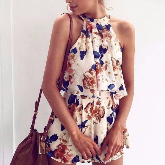 

2017 NEW Halter Floral Print Jumpsuit Romper Summer Women Chiffon Playsuit apparel