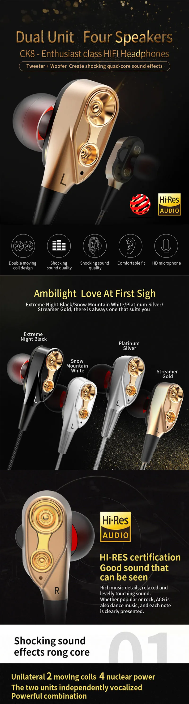 Eonline In-Ear Sport Headset With Mic mini Earbuds Earphones For iPhone Samsung Huawei Xiaomi Dual Drive Stereo Wired earphone