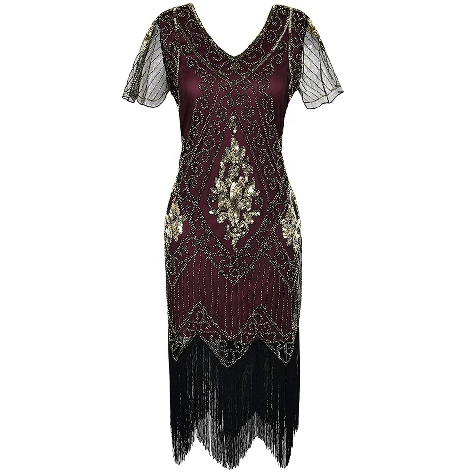 

Women's 1920s Vintage Gatsby Art Deco Sequin Beaded V Neck Long Cocktail Flapper Dress with Sleeves Mother of the Bride