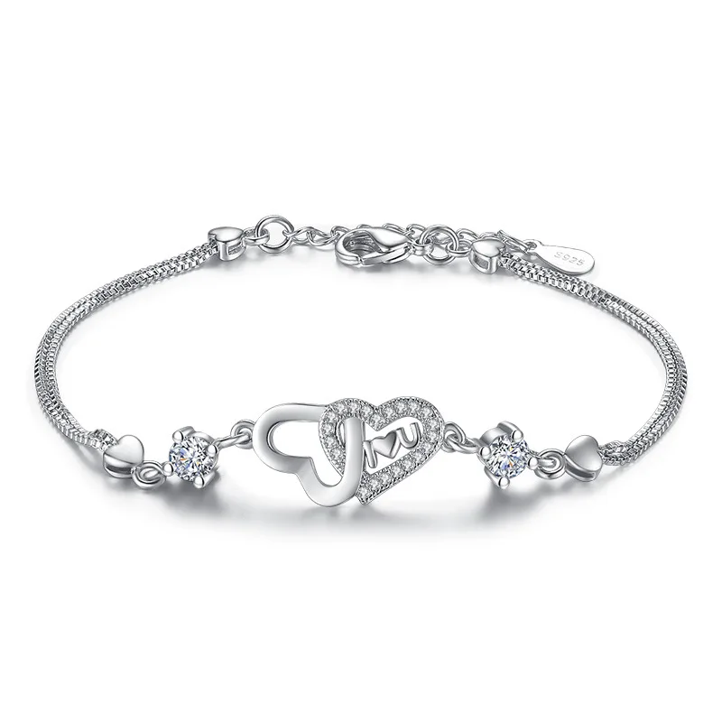 

2017 New double heart zircon I LOVE YOU silver bracelet, N/a