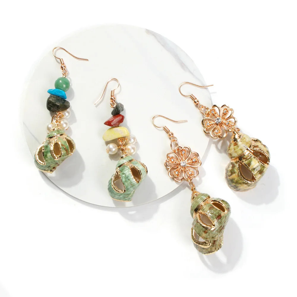 

Trendy Small Stone Metal Gold Pearl Conch Long Earrings Shell Hollow Flower Drop Earrings for Women (SK439), As picture