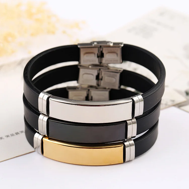 

Customized New Fashion Handmade Silicone Stainless Steel Bracelet Laser Lettering Engraved Logo Gift Bracelet Wholesale