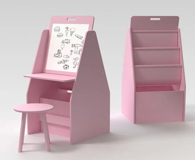 Pink Multifunctional Toy Organizer with Book Rack, Drawing Board and Chair for Kids