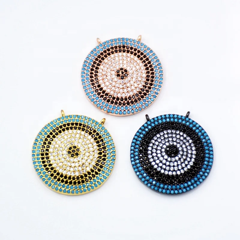 

Micro Pave CZ Round Pendant Beads Metal Copper turquoise Evil Eyes pendant For Jewelry Necklace Making double bail pendant, Multi colors
