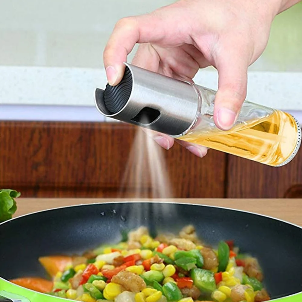 

Kitchen BBQ Tools Portable Food Grade Glass Stainless Steel Pressure Mist Olive Dispenser Vinegar Bottle Oil Sprayer for Cooking, Sliver