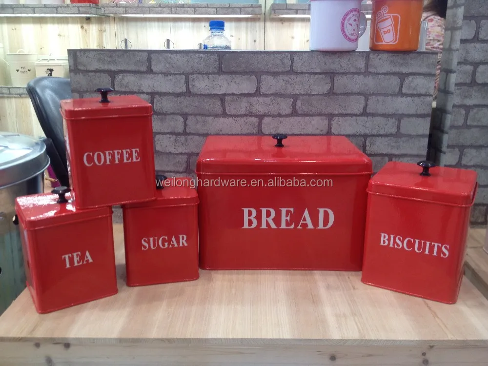 Black Kitchen Canister Set Metal Bread Box Tea Sugar Coffee Pot With