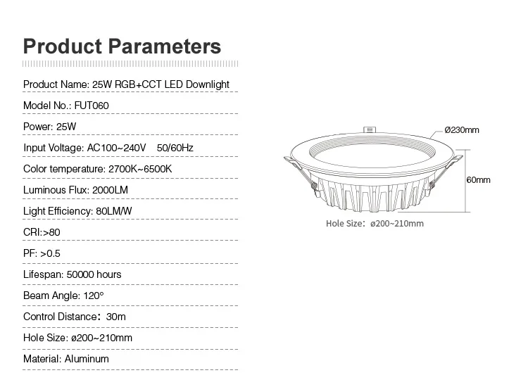RGB+CCT 25W 2000LM 50000 lifespan roof down led  light anti dazzled chip LED  wireless 2.4g rf control factory