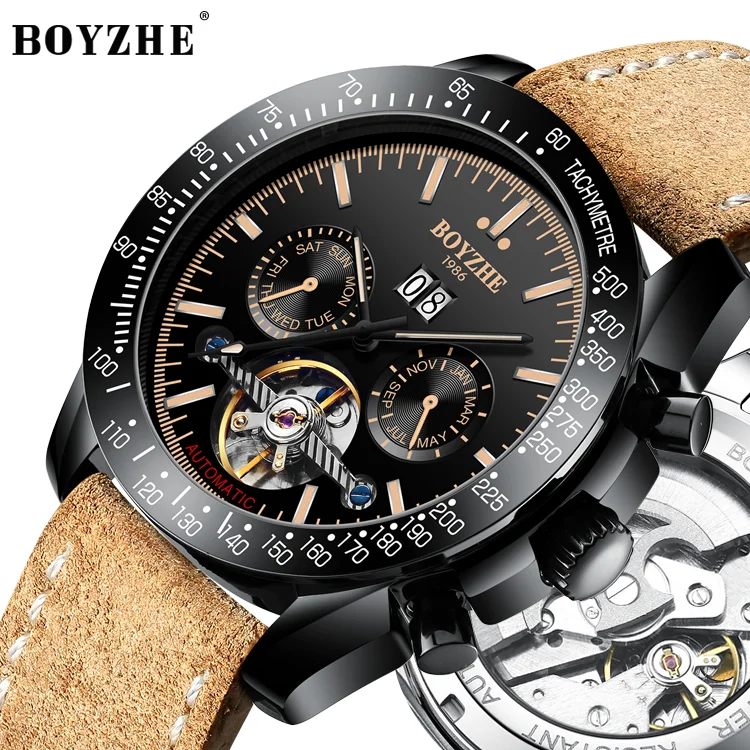 

BOYZHE OEM Genuine Leather Strap Luxury Skeleton Dial Luminous Men Mechanical Watch