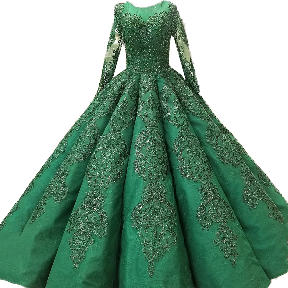

Jancember LS0447 Long sleeve 3D flower appliques evening dress for muslim women arabic evening dress porn dubai, Green