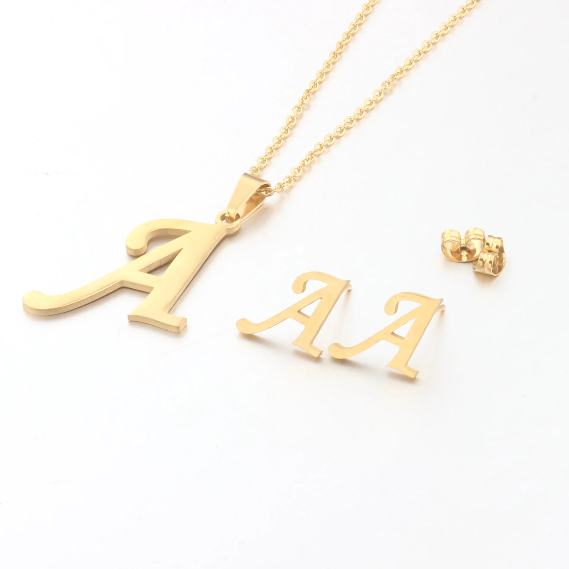 

Gold Plated Initial Letter Jewelry Set A-Z Alphabet Letter Necklace Earrings Stainless Steel Jewelry Set, As show