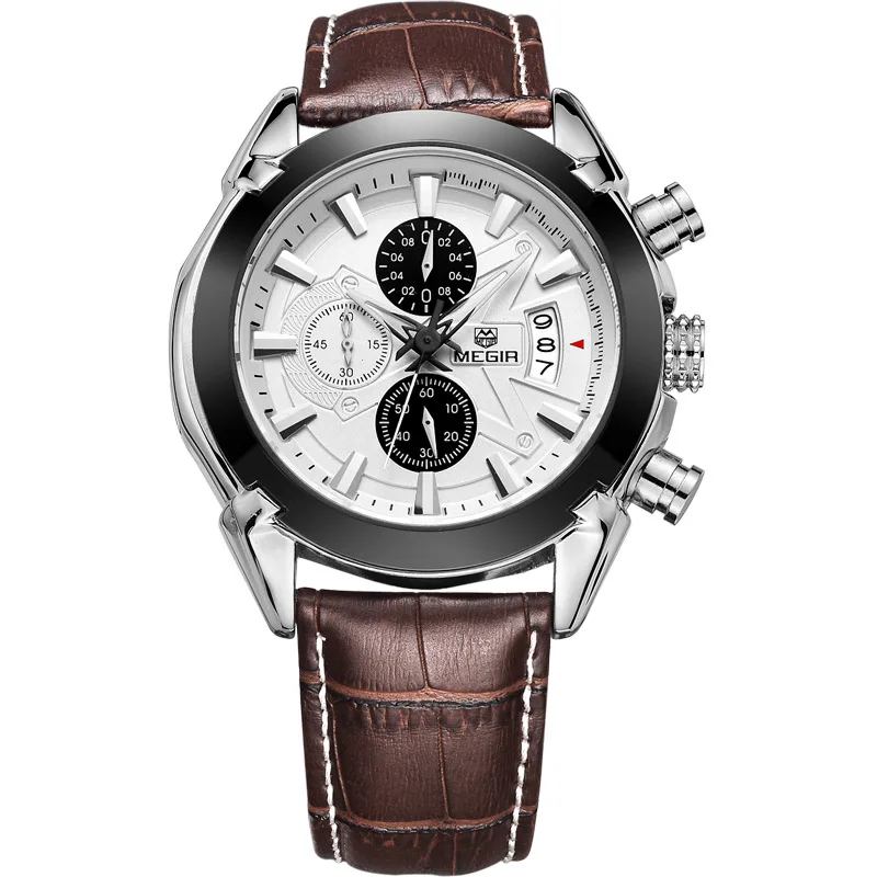 

MEGIR Chronograph Casual Watch Men Luxury Brand Quartz Military Sport Watch Genuine Leather Men's Wristwatch relogio masculino