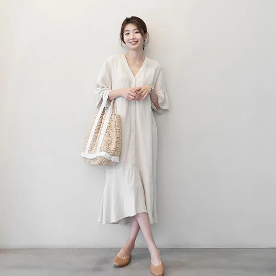 

2019 Summer dress new long art cotton linen dress loose casual cold wind vlead linen knee long skirt