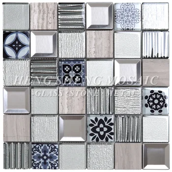 Kitchen Backsplash Wall Design Mixed Metal Ceramic Glass Mosaic