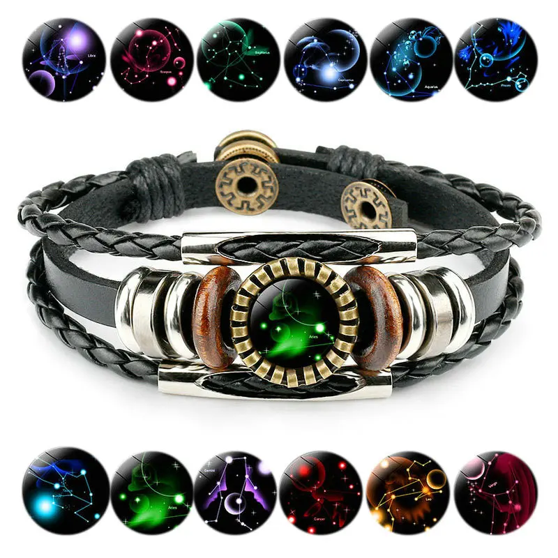 

Unisex Noctilucent 12 constellations time gem leather bracelet glow in Dark cowhide beads black woven 12 zodiac bracelet, As picture