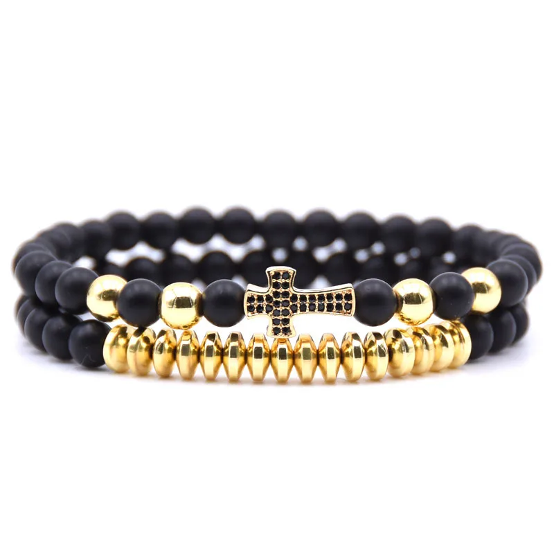 

2018 New Design Fashion 6mm Beads Bracelets Handmade Zircon Friendship Custom Cross Beads Elastic Bracelets For Women Men