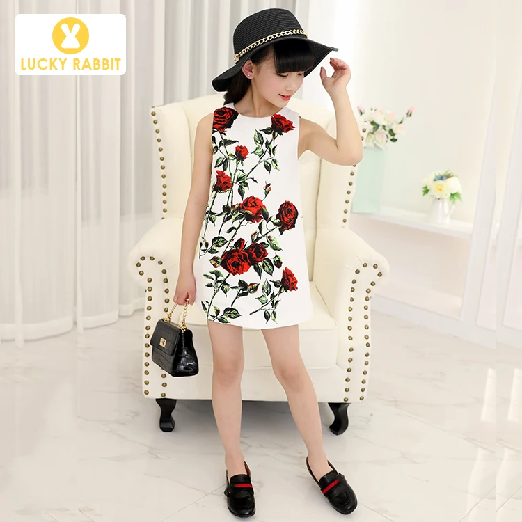 

Kids Girl White Dress Kids Sleeveless Summer Print Rose Pattern New Fashion Girl Children Dress, Picture