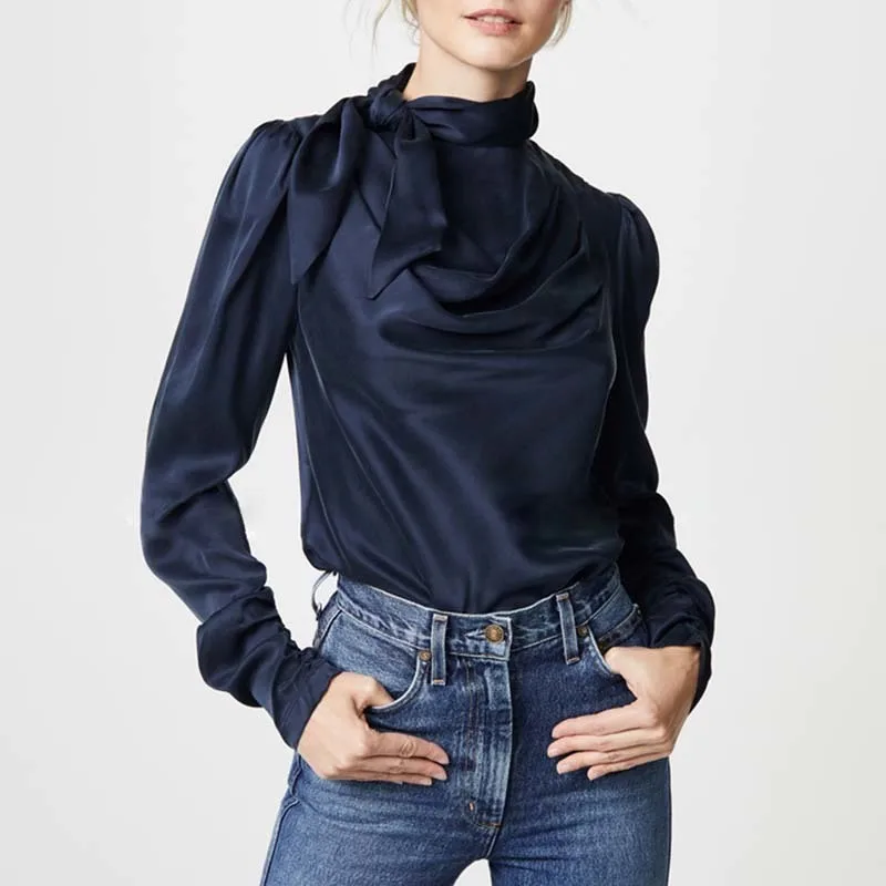 Satin Women's Shirts Blouse Women Puff Long Sleeve Lace Up Big Sizes Tops Female Autumn Fashion Clothing New ETBL17072A