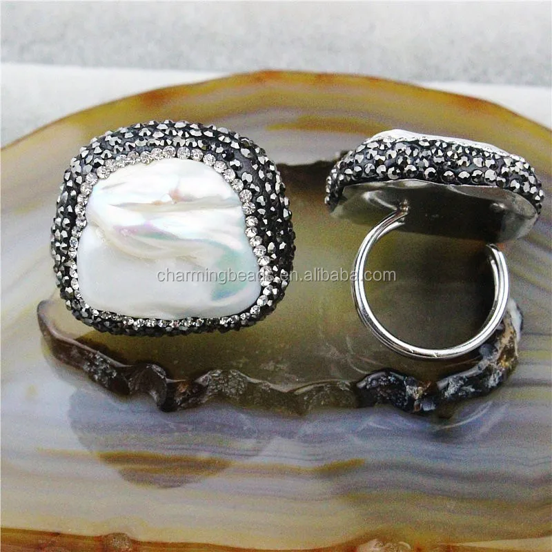 CH-MAR0090 Fashion Natural big freshwater pearl jewelry ring,Rhinestone pearl adjustable rings,pave crystal pearl ring wholesale