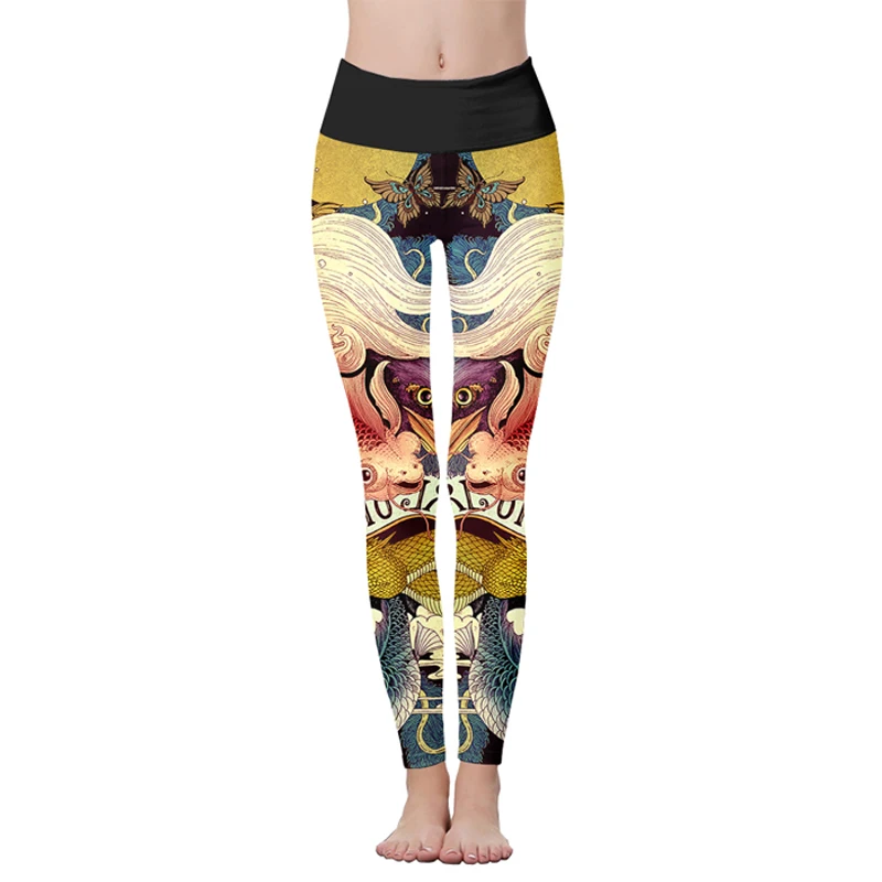 

Women High Waisted Athletic Japan Yamato-e Style Goldfish Sea Wave Leggings for Yoga Sports Fitness Ladies Printed Pants