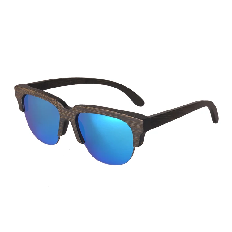 

Free shipping Flash mirror Lens Half rim Blue Bamboo sunglasses wholesale with cork case packing