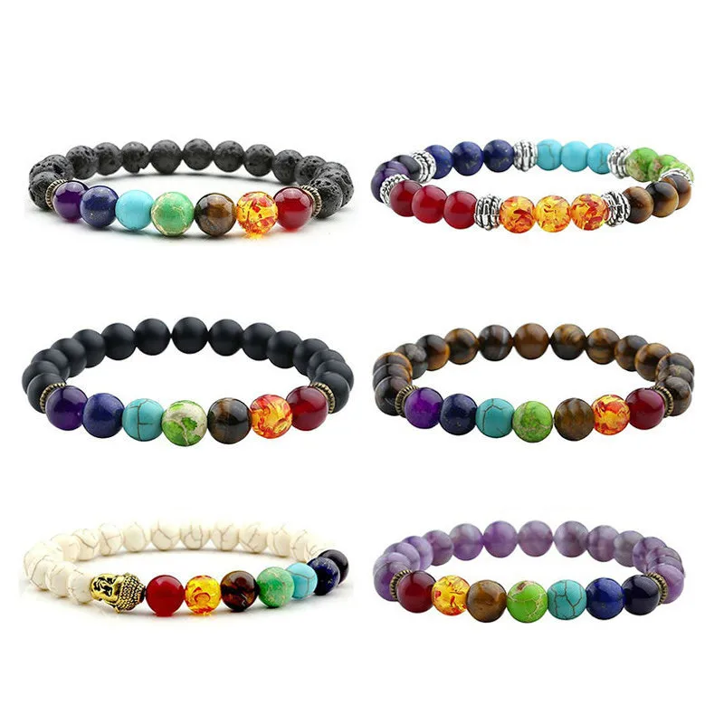 

Custom Volcanic Yoga Energy Gemstone Healing Reiki Agate Natural Stone Jewelry Women's 7 Lava Stone Chakra Beaded Bracelet Beads, Amber