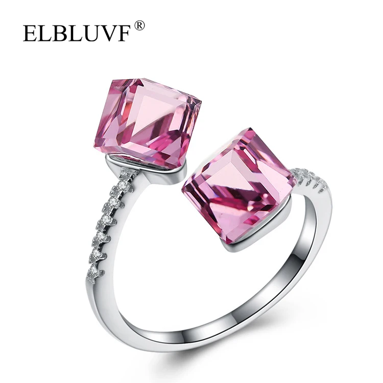 

ELBLUVF 925 Sterling Silver Square Austrian Crystal Clear Micro Paved Zircon Finger Ring Jewelry Adjustable Size, Blue,pink