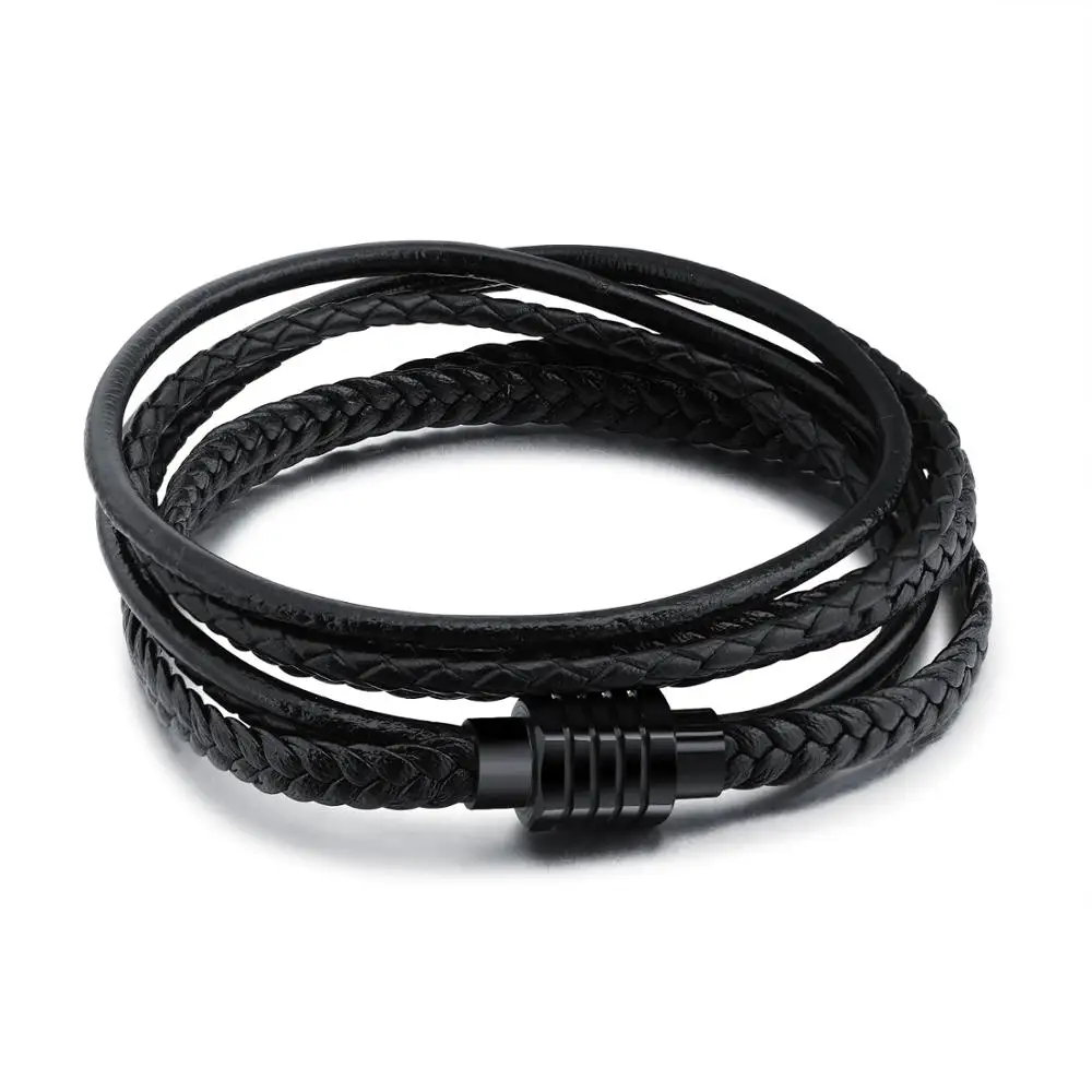 Add custom logo black Genuine leather bracelet men cuff bracelet with engraved metal plate