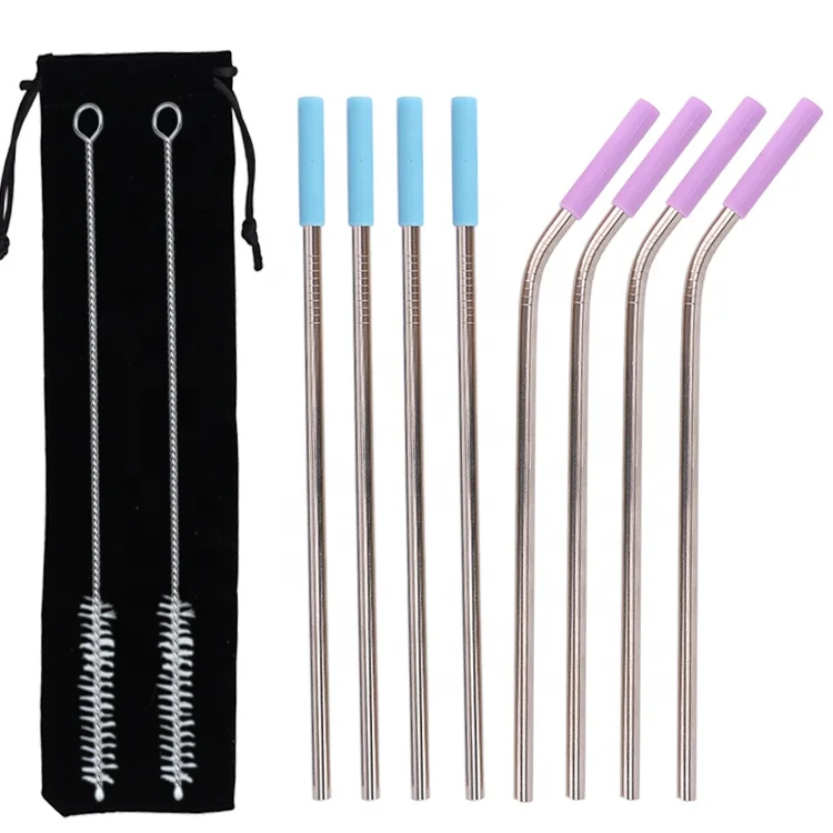 

customized logo Metal Straw set with bag reusable stainless steel drinking straw with rubber mouth, Silver