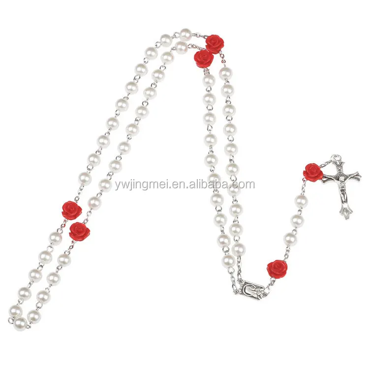 

Amazon Hotsell Religious Nice Beautiful Catholic Rosary Necklace Glass pearl With Coral Rose beads