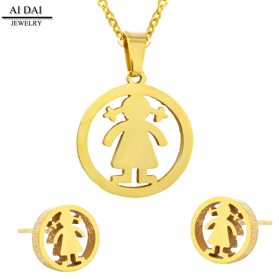 

Stainless Steel Beautiful cute big girl Design Necklace and Earrings jewelry Set 18k gold jewellery joyas acero
