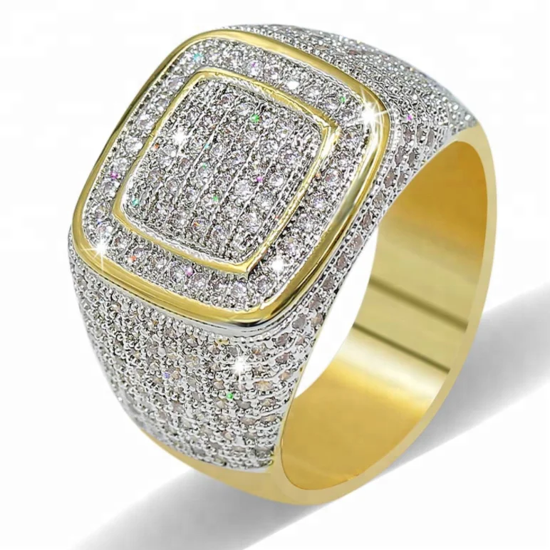 Am&eacute;ricain plaqu&eacute; or micro-incrust&eacute; zircon bague hip hop hipster hip-hop hommes bague