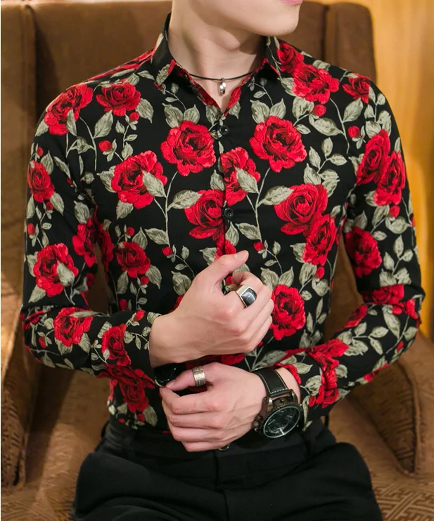 England Style Mens Red Rose Shirts Plus Size Single Breasted 3D Shirt Men Long Sleeve High Quality Floral Shirt camisa masculina