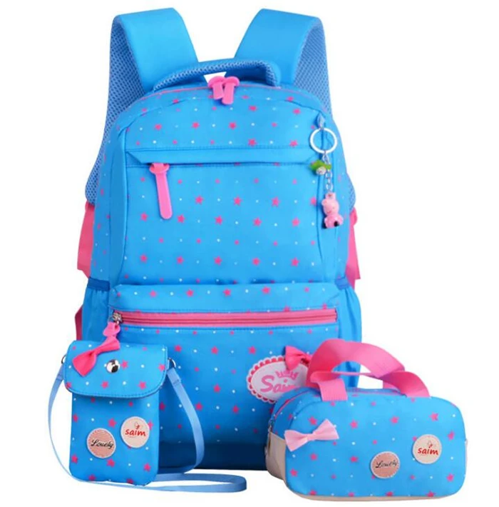

2020 Hot sale high quality waterproof canvas nylon 3pieces kids school bag backpack set, Purple, pink, sky blue + sea blue, sky blue + rose red,etc