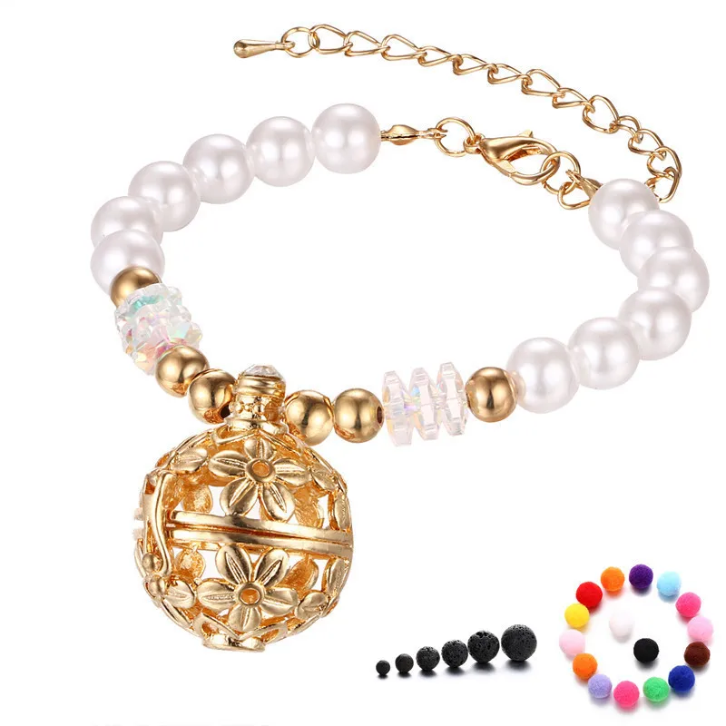 

Crystal Rhinestone Flower Ball Charm Aromatherapy Bracelet Pearl Bead Essential Oil Diffuser Locket Bracelet, Picture
