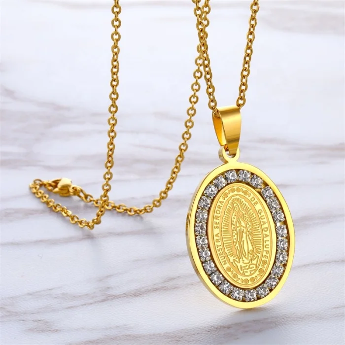 Catholic jewelry Guadalupe virgin Mary deep engraved gold plated stainless steel rhinestone necklace for sale