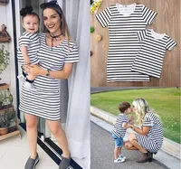

2019 summer Mother and Daughter Casual Cotton black white Striped Maxi Dress Mommy&Me Matching Set Outfits