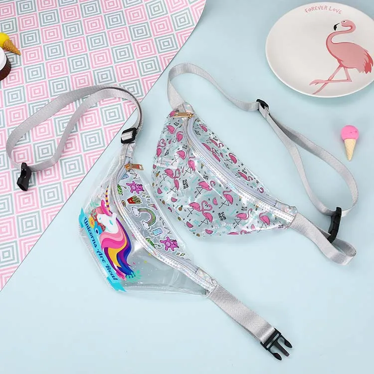 

Fasion flamingo unicorn clear pvc fanny pack waterproof waist bag for girls